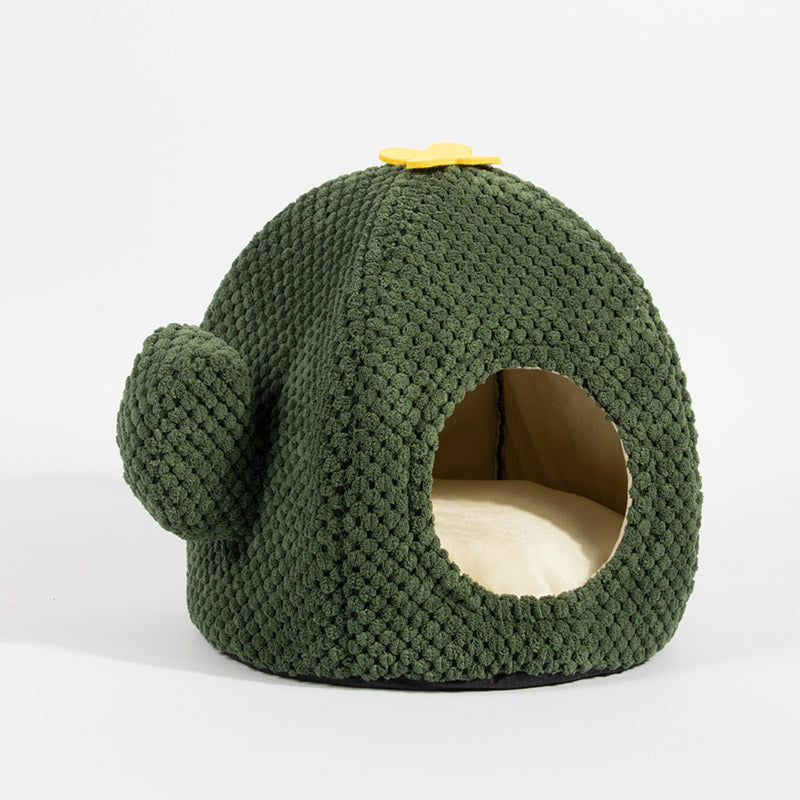 Cactus Cat Bed Warm Enclosed Kitten And Dog Nest Deep Sleep Comfort Mat Pets Tent Cozy Cave Indoor Pet Supplie Dark green