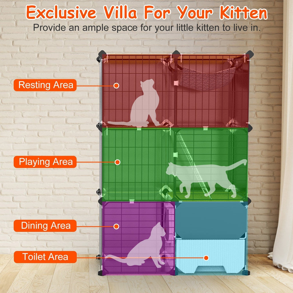 3-Tier Indoor Cat Cage with Litter Box, Hammock & Ladder, Detachable Metal Wire Cat Kennel Enclosure for 1–2 Kittens