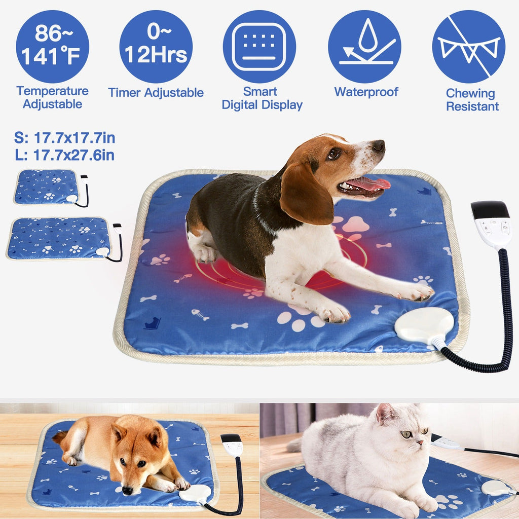 Pet Heating Pad Electric Dog Cat Heating Mat Waterproof Warming Blanket with 86-141 Adjustable Temperature 0-12 Timer Digital Display Chewing-resista