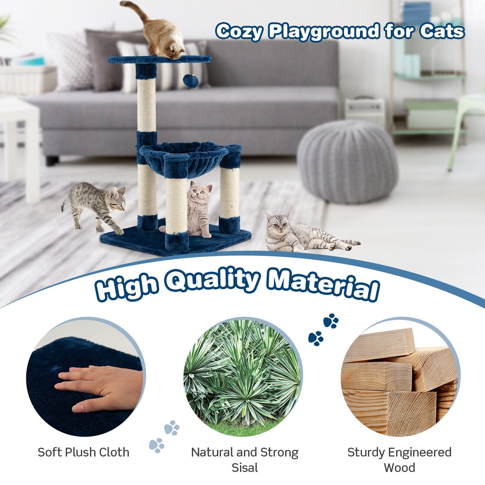 Multi-level Cat Tree with Scratching Posts and Cat Hammock Blue
