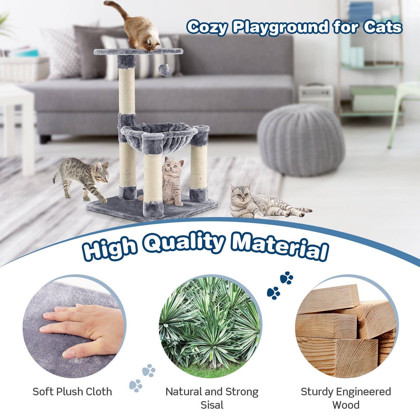 Multi-level Cat Tree with Scratching Posts and Cat Hammock Gray