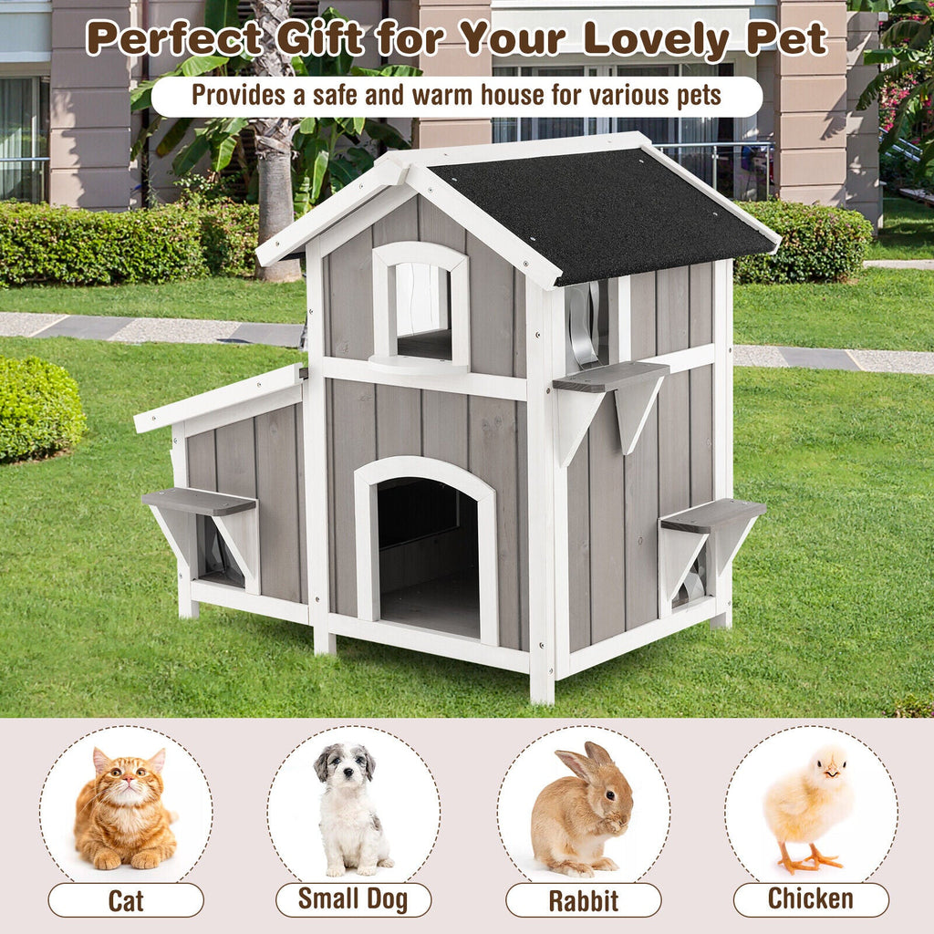 2-Story Outdoor Wooden Feral Cat House with Escape Door-Grey Default Title
