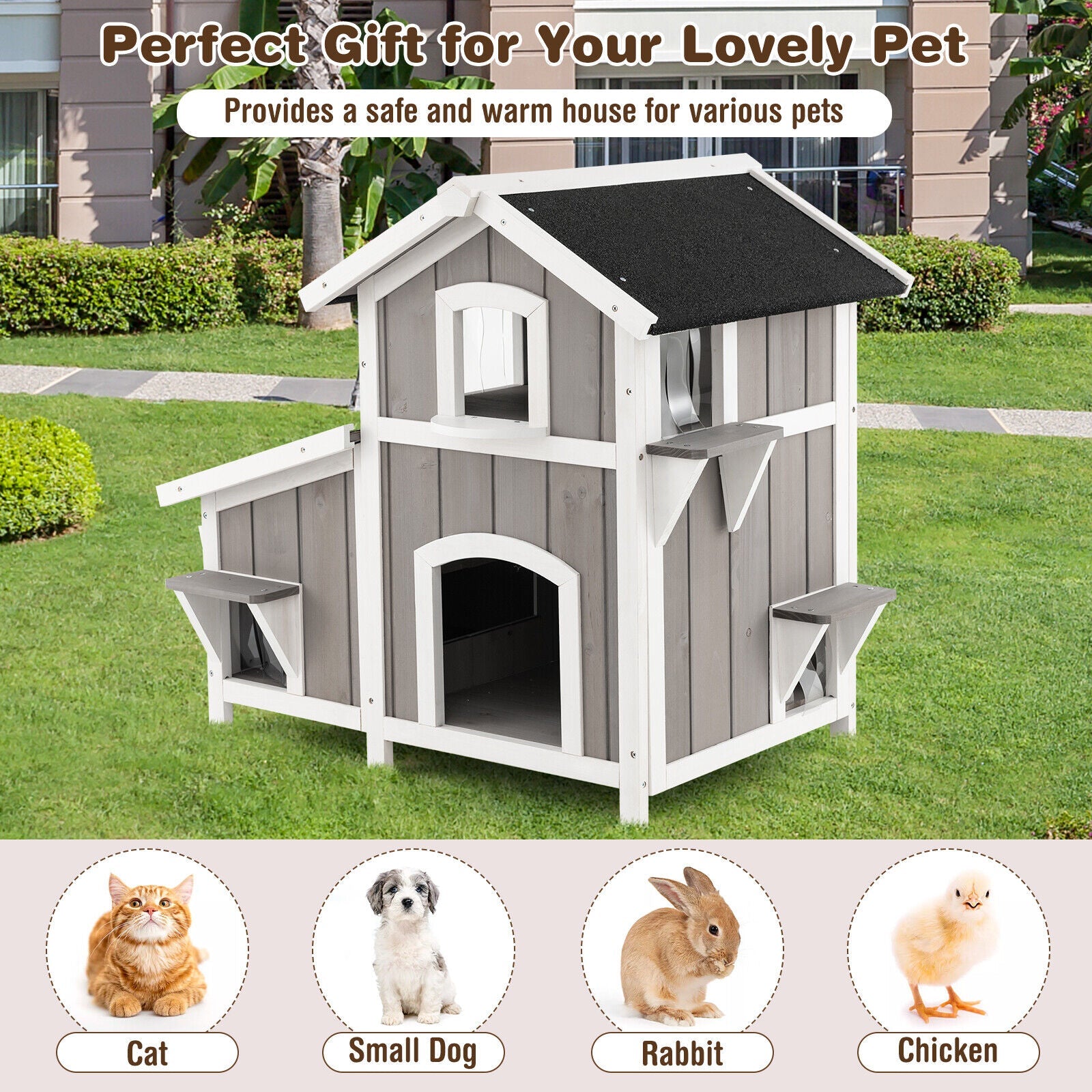 2-Story Outdoor Wooden Feral Cat House with Escape Door-Grey Default Title
