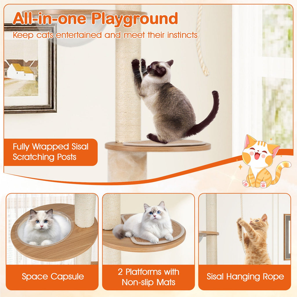 101 Inch Floor to Ceiling Cat Tree Height Adjustable with Litter Box Enclosure-Brown