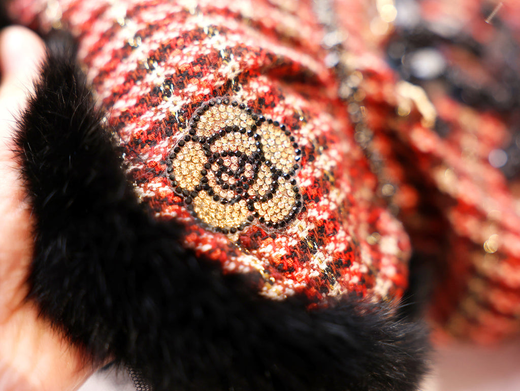 Red Tweed Pet Dress with Faux Fur Hem