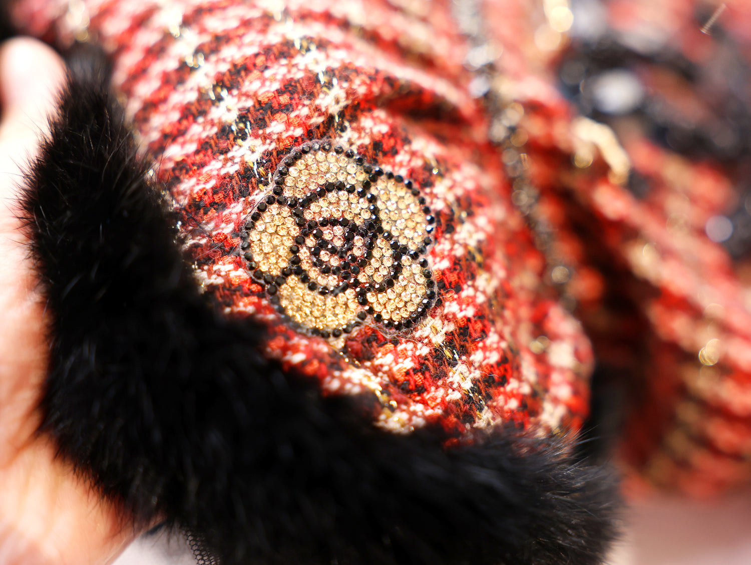 Red Tweed Pet Dress with Faux Fur Hem