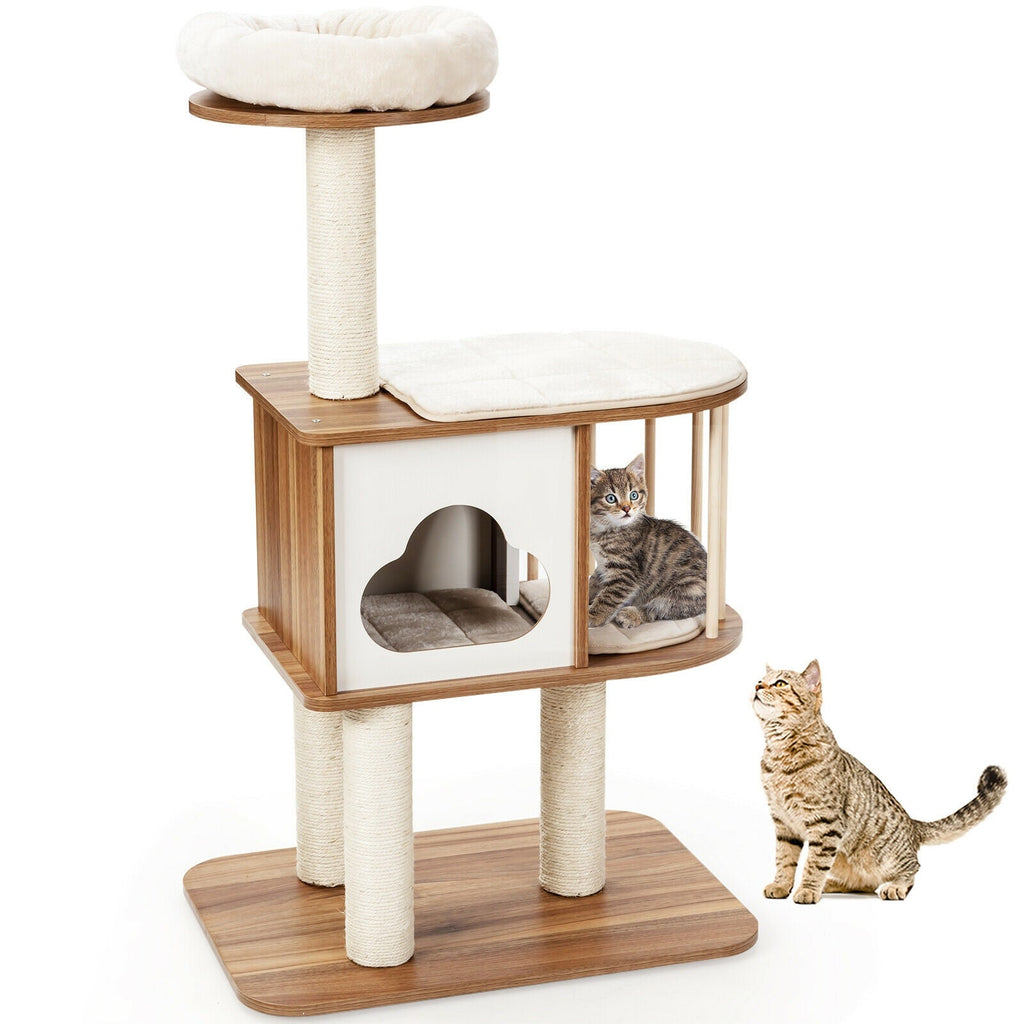 46 Inch Wooden Cat Activity Tree with Platform and Cushions