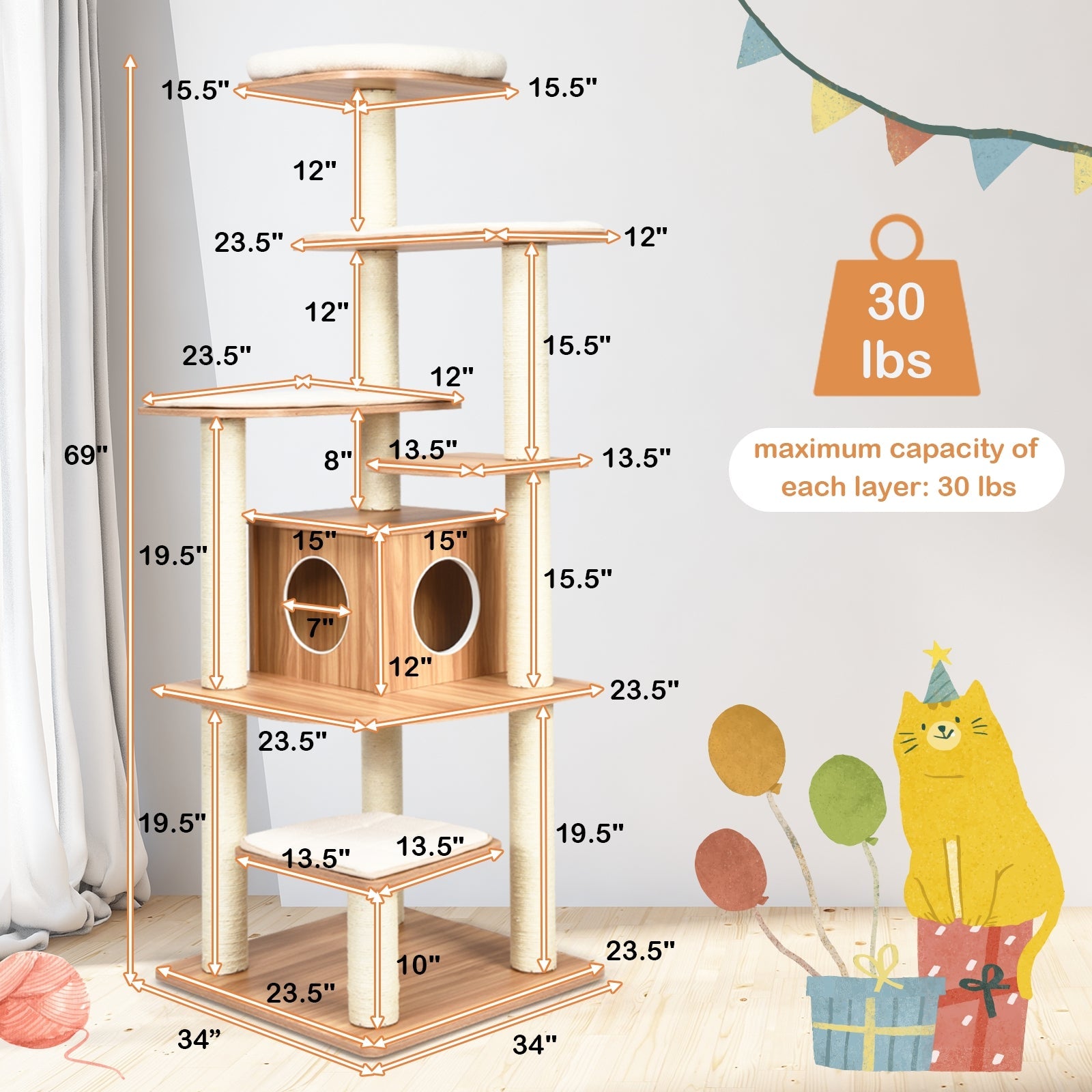 7-Layer Wooden Cat Tree Tall Cat Tower with Sisal Posts and Condo