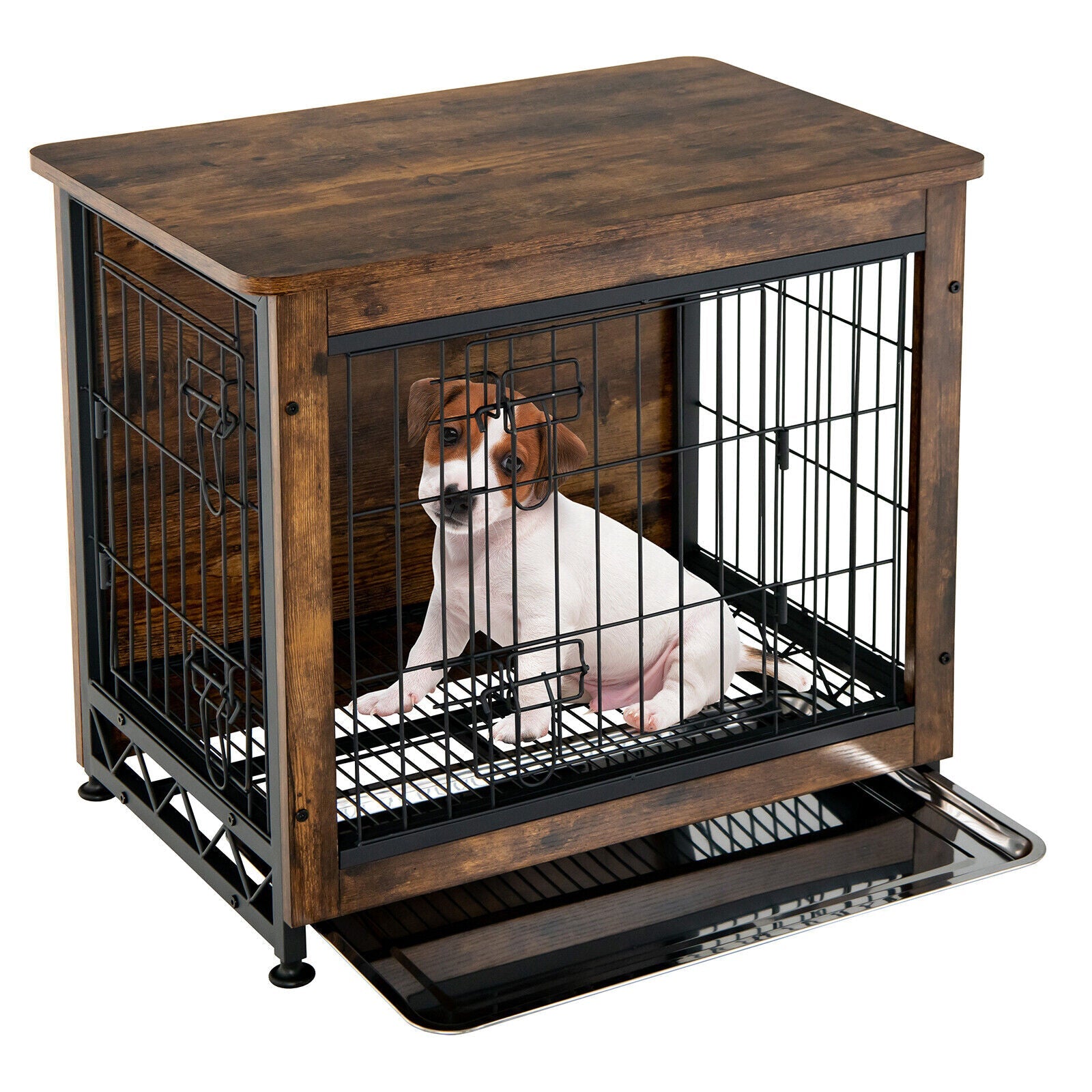 Wooden Dog Crate Furniture with Tray and Double Door-Brown