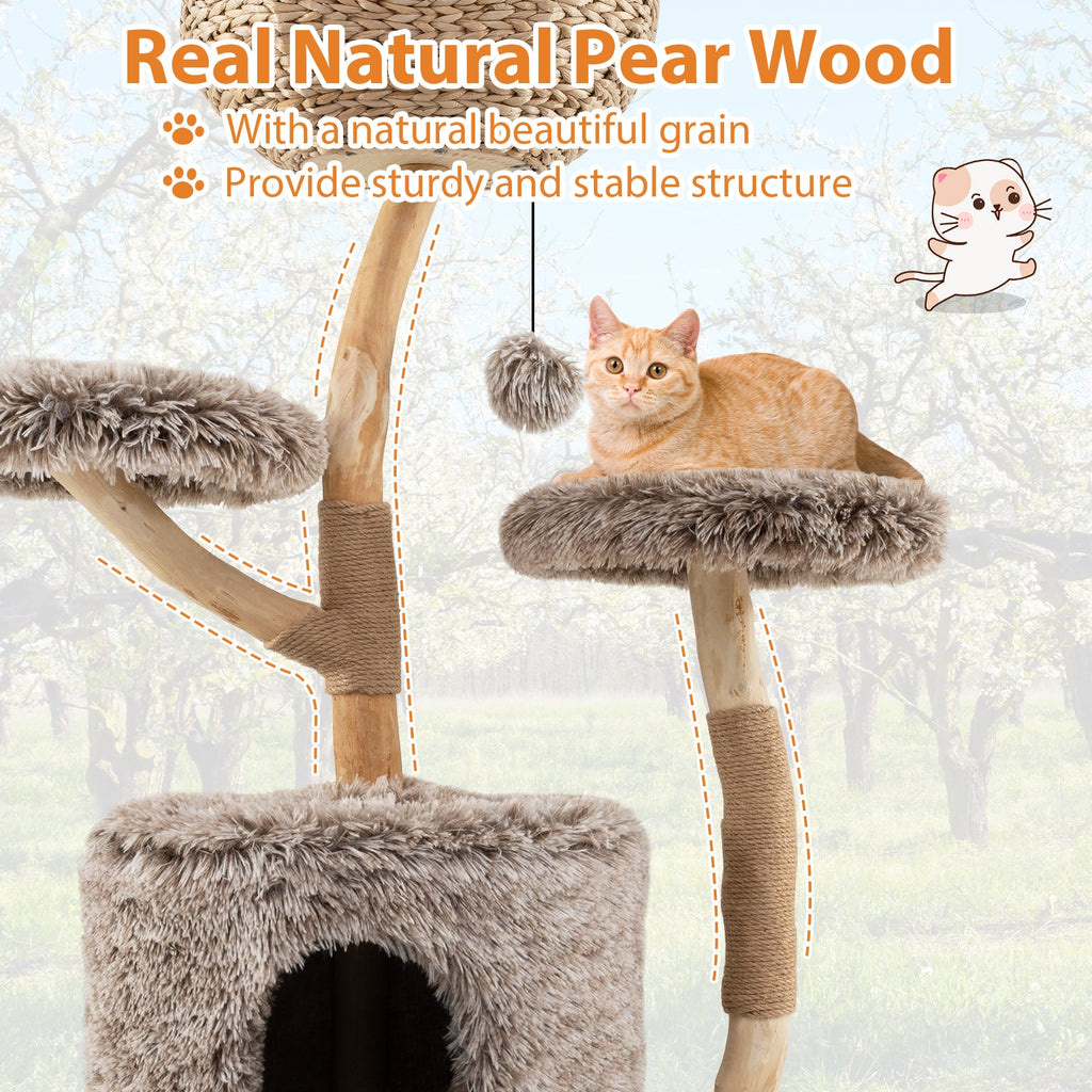 Wood Cat Tree Solid Pear Cat Tree with Perch and Sisal Scratching Posts-Brown