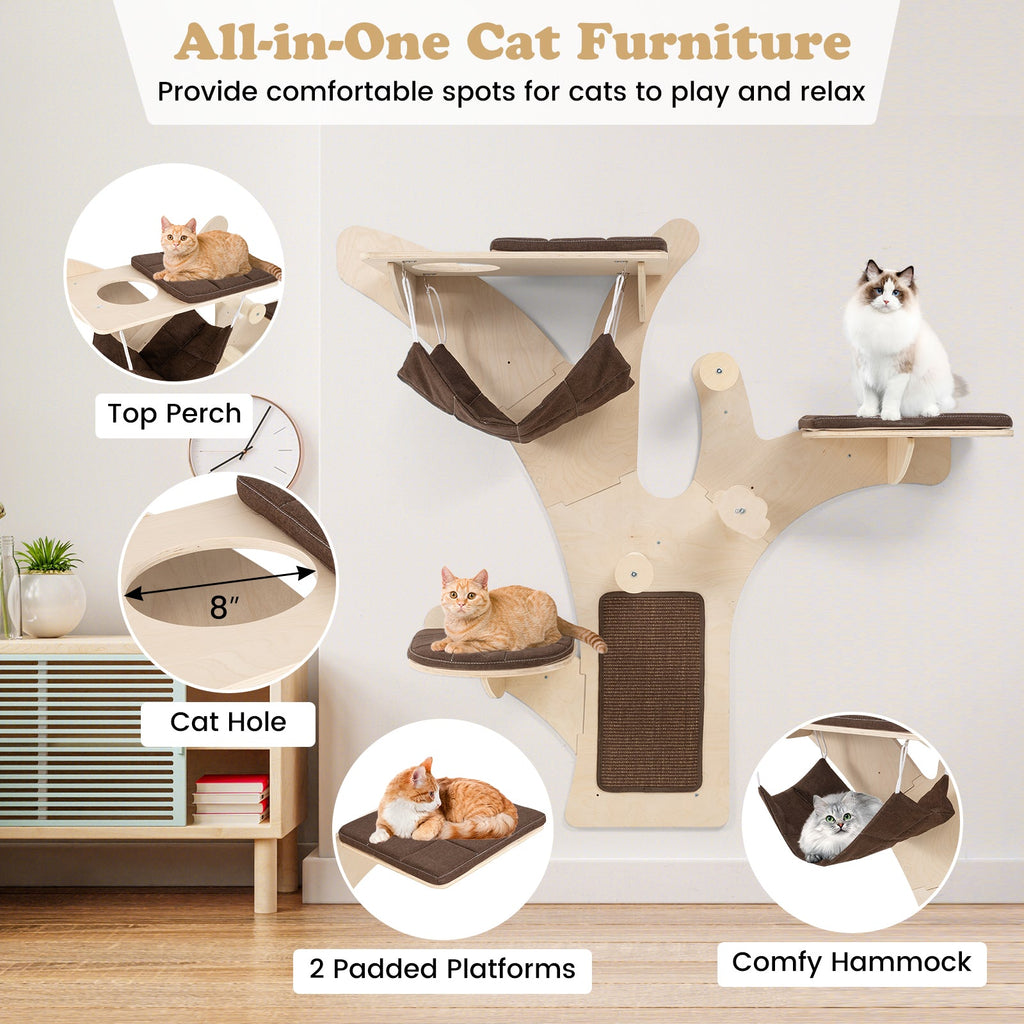 Wall-Mounted Cat Tower Cat Wall Shelves Furniture with Perch-Brown
