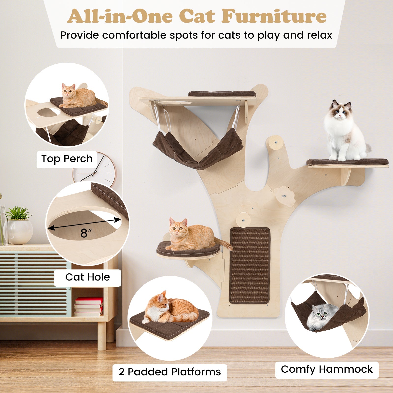 Wall-Mounted Cat Tower Cat Wall Shelves Furniture with Perch-Brown