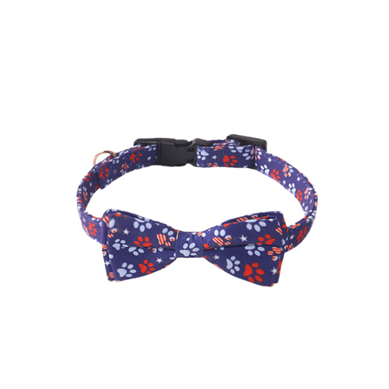 Patriotic Bow Tie Pet Collar Set Navy Paw Print