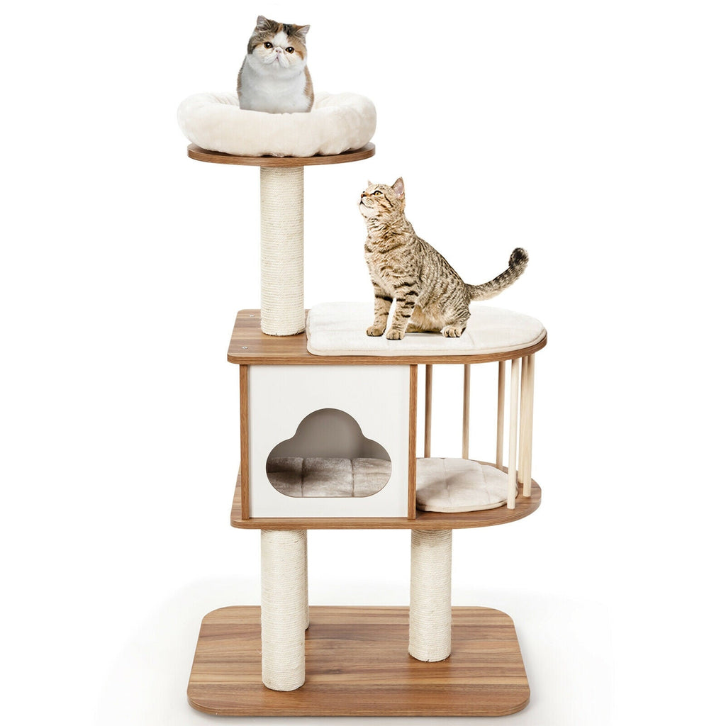 46 Inch Wooden Cat Activity Tree with Platform and Cushions