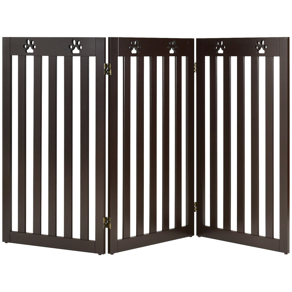 36 Inch Folding Wooden Freestanding Pet Gate Dog Gate with 360° Flexible Hinge Dark Brown