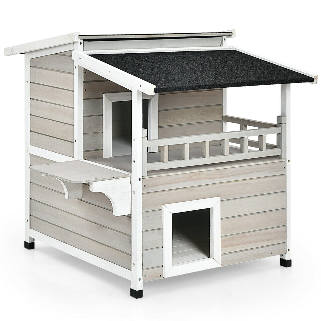 2-Story Wooden Patio Luxurious Cat Shelter House Condo with Large Balcony Default Title