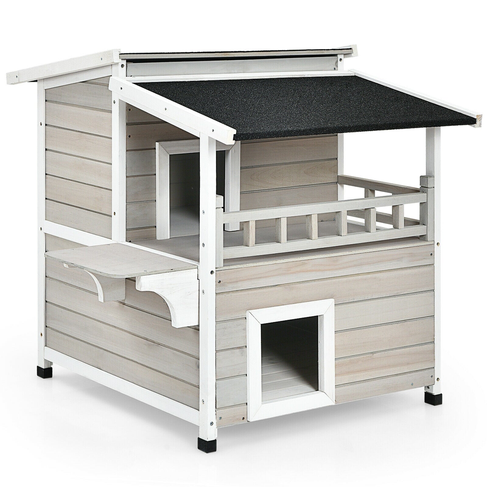 2-Story Wooden Patio Luxurious Cat Shelter House Condo with Large Balcony Default Title