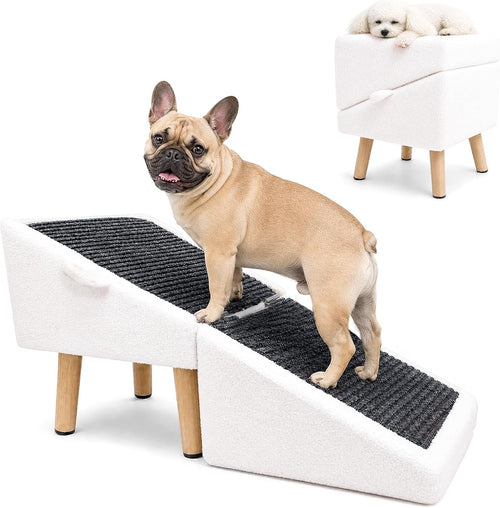 16in Dog Ramp Stairs Foldable Wooden Pet Ramp Ottoman for Couch Bed White