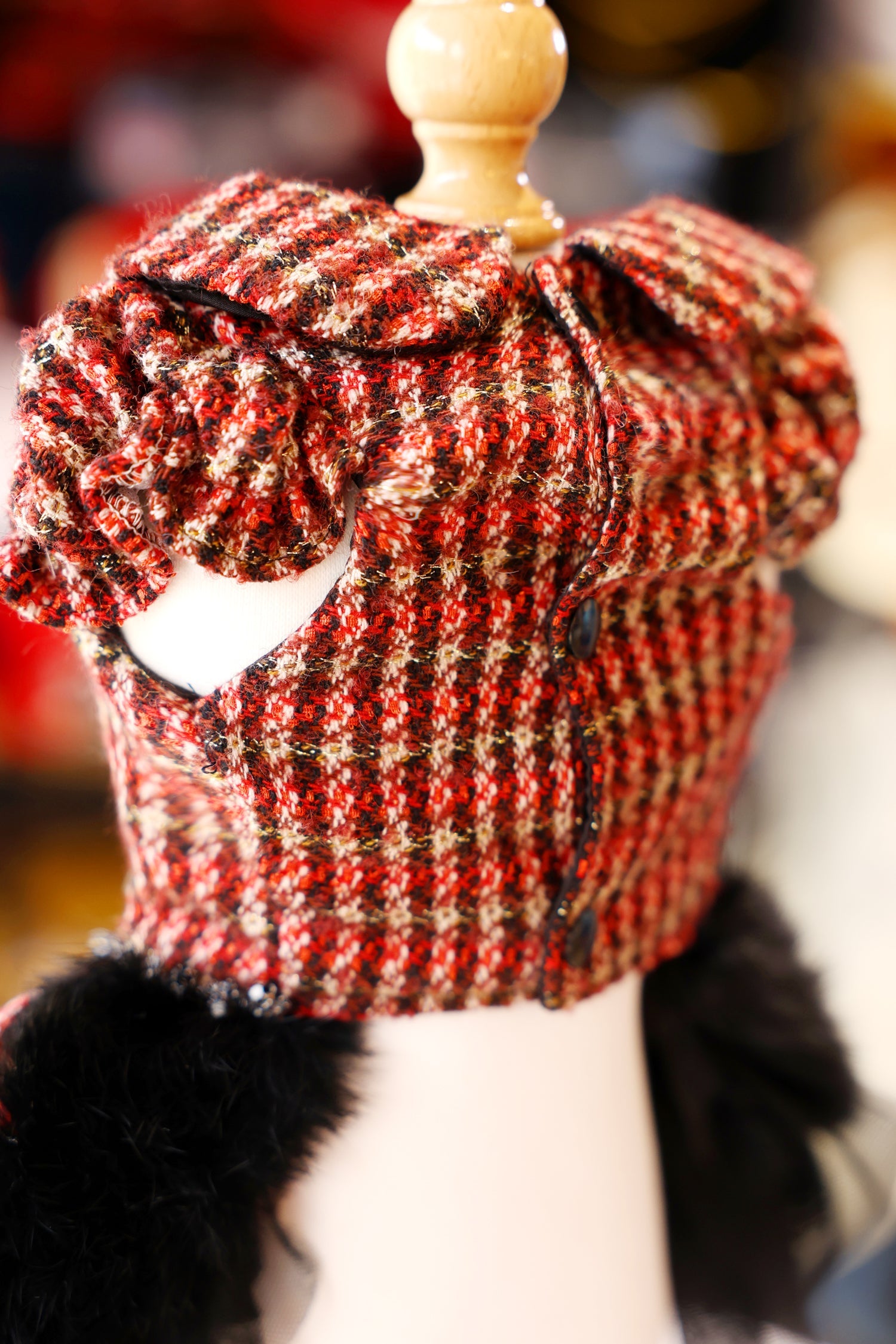 Red Tweed Pet Dress with Faux Fur Hem