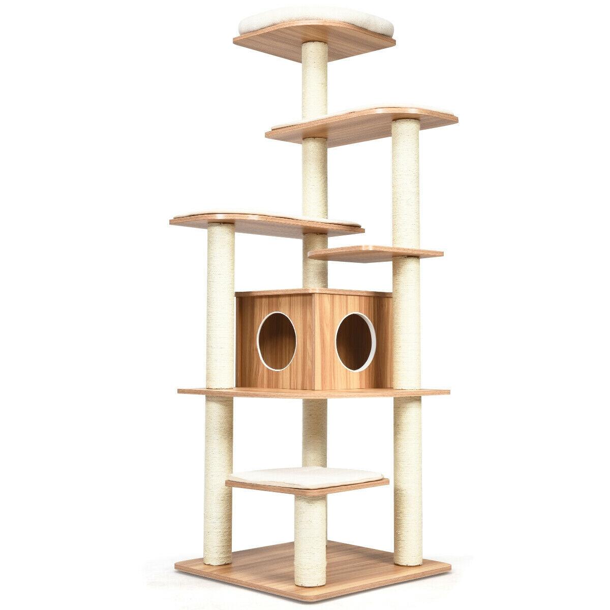 7-Layer Wooden Cat Tree Tall Cat Tower with Sisal Posts and Condo Natural