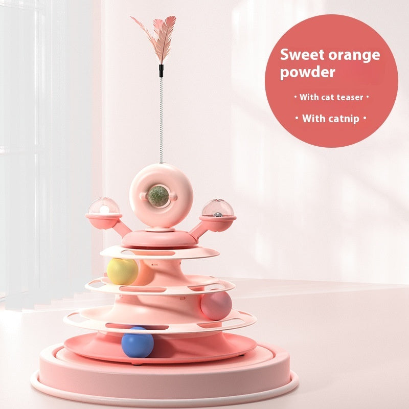 4 Levels Cat Toy Tower Turntable Roller Balls Toys Interactive Intelligence Pets Toys Training Track Puzzle Funny Games Accessories Pet Products Sweet Orange Pink Cat Teaser