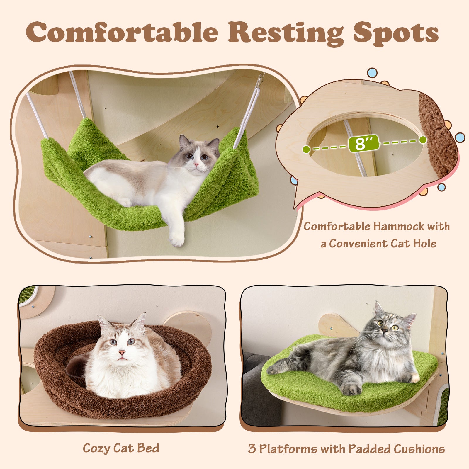 Wall-Mounted Cat Tower Cat Wall Shelves Furniture with Bed-Green