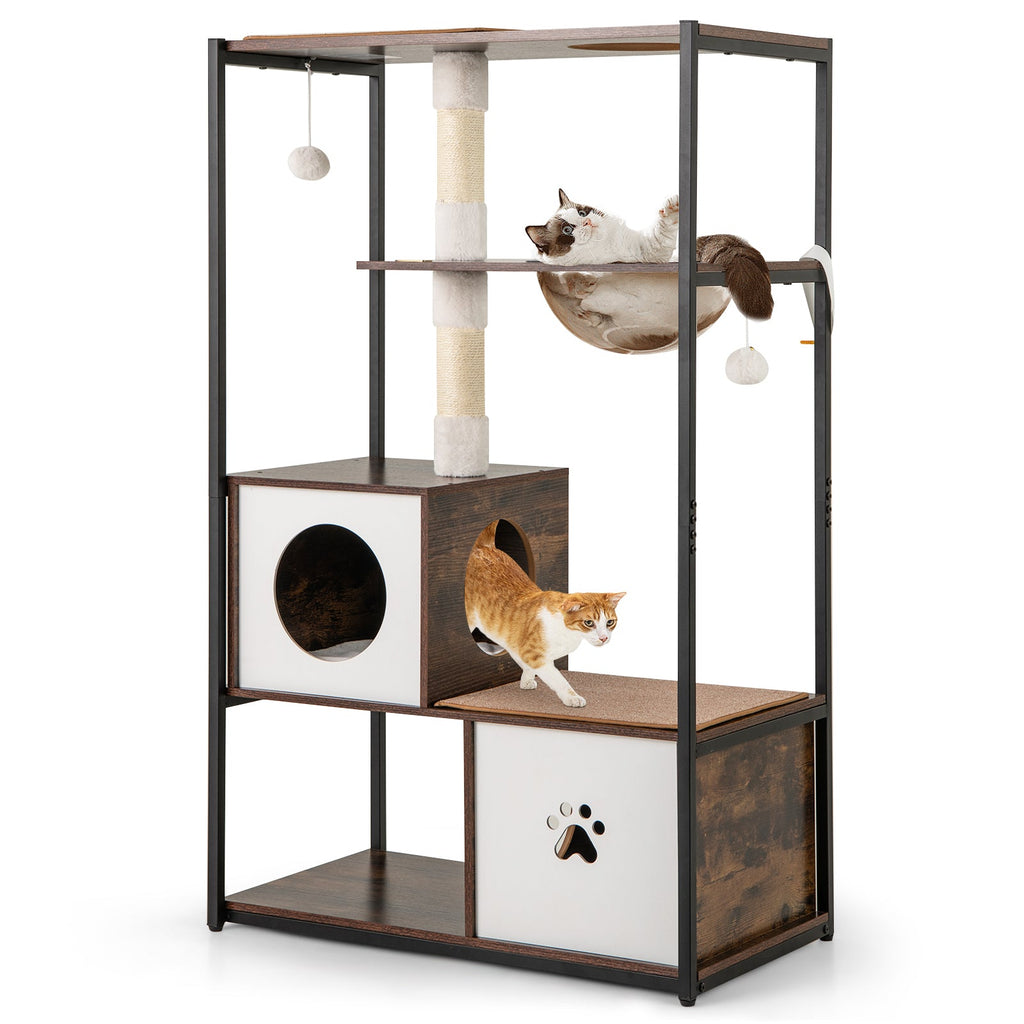 52 Inch Tall Wooden Cat Tree Metal Frame with 2 Condos and Cushions-Coffee Default Title