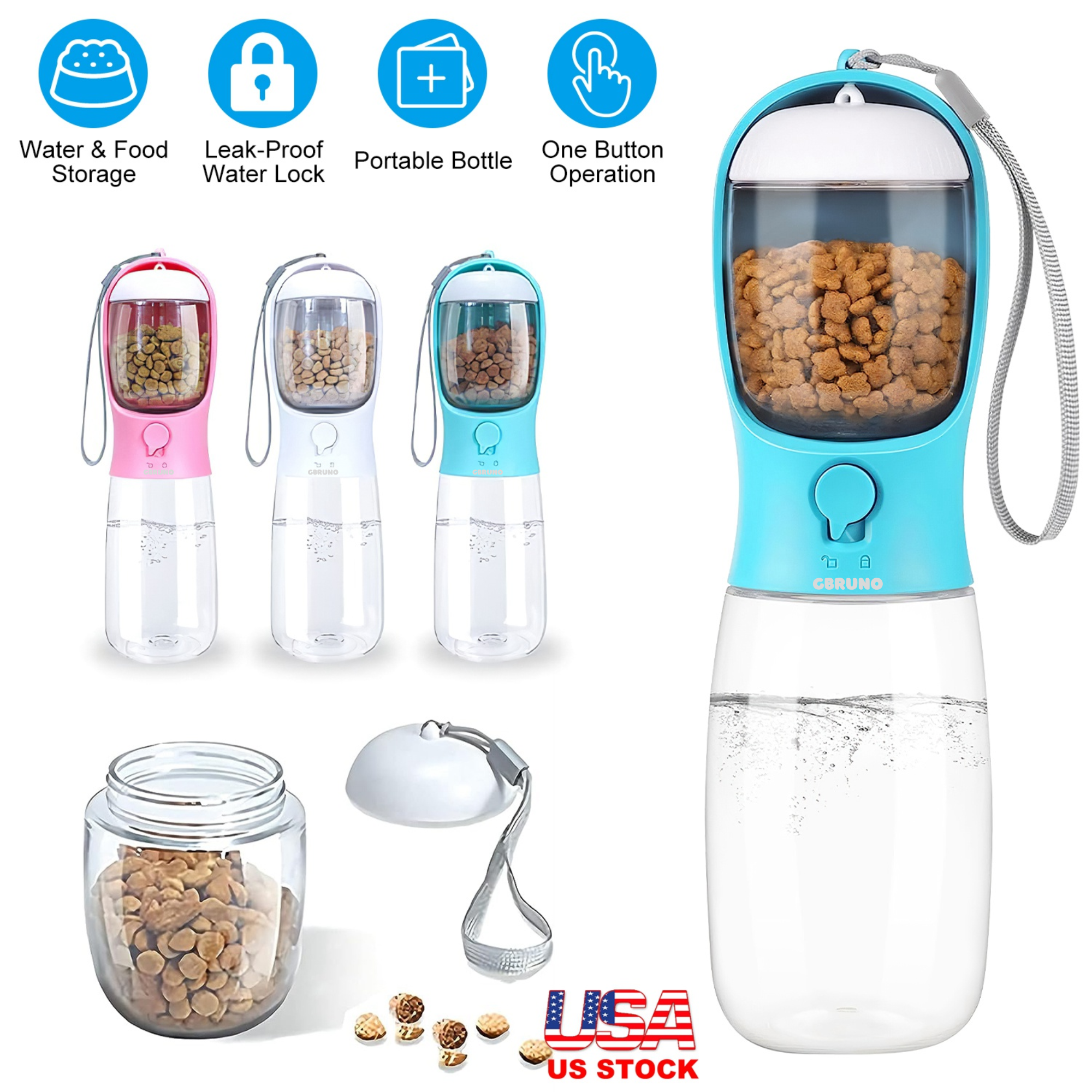 18.6OZ Portable Dog Water Bottle Pet Water Dispenser with Detachable Food Container Leak-Proof Lock Design for Dog Walking Traveling Hiking Outdoor Ac