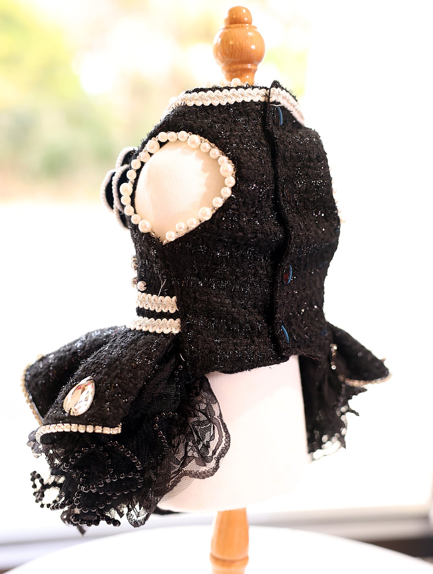 Black Tweed Pet Dress with Pearl Trim