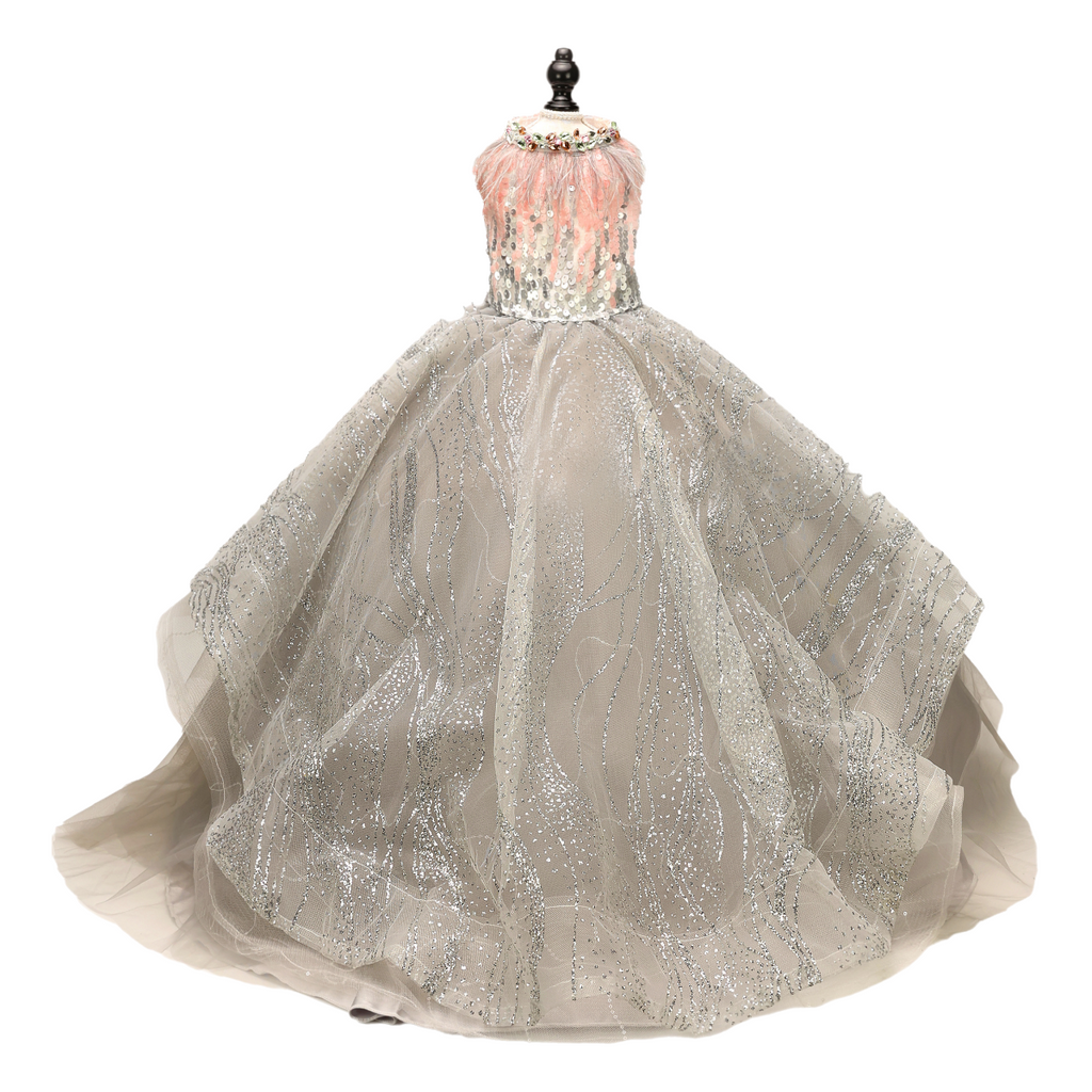 Luxury Sequin Pet Long Train Dress with Feather Collar Princess Dog Gown