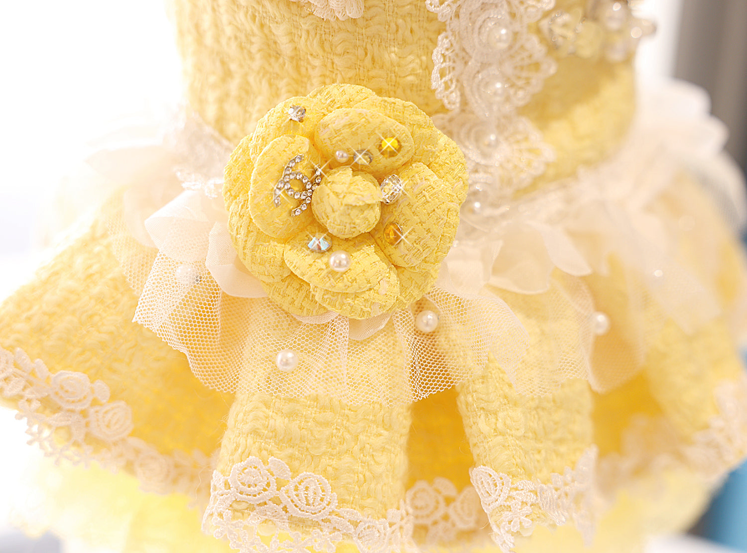 Yellow Tweed Pet Dress with Pearl Collar