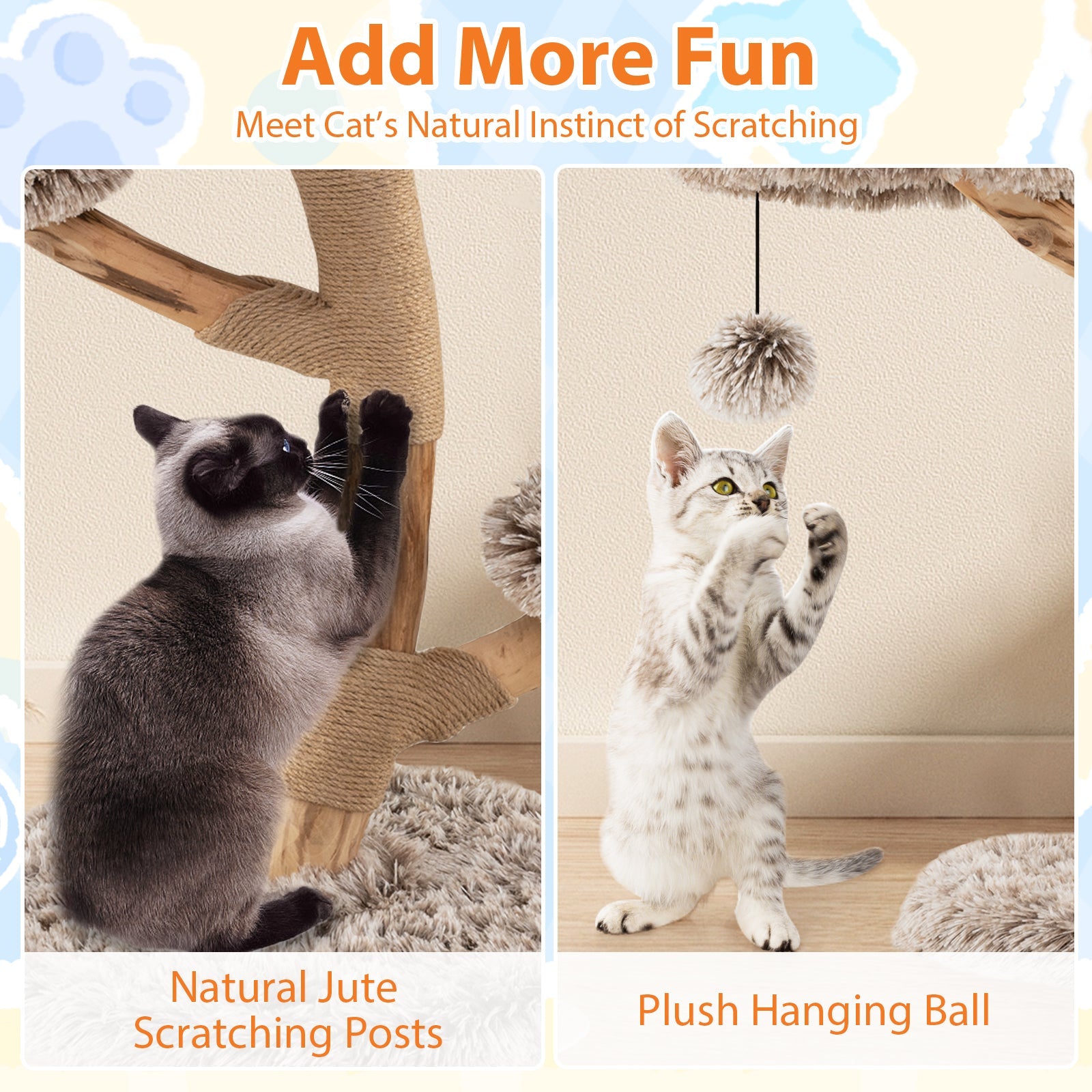 Cat Tree Solid Pear Wood with Perch and Natural Jute Scratching Posts-Brown