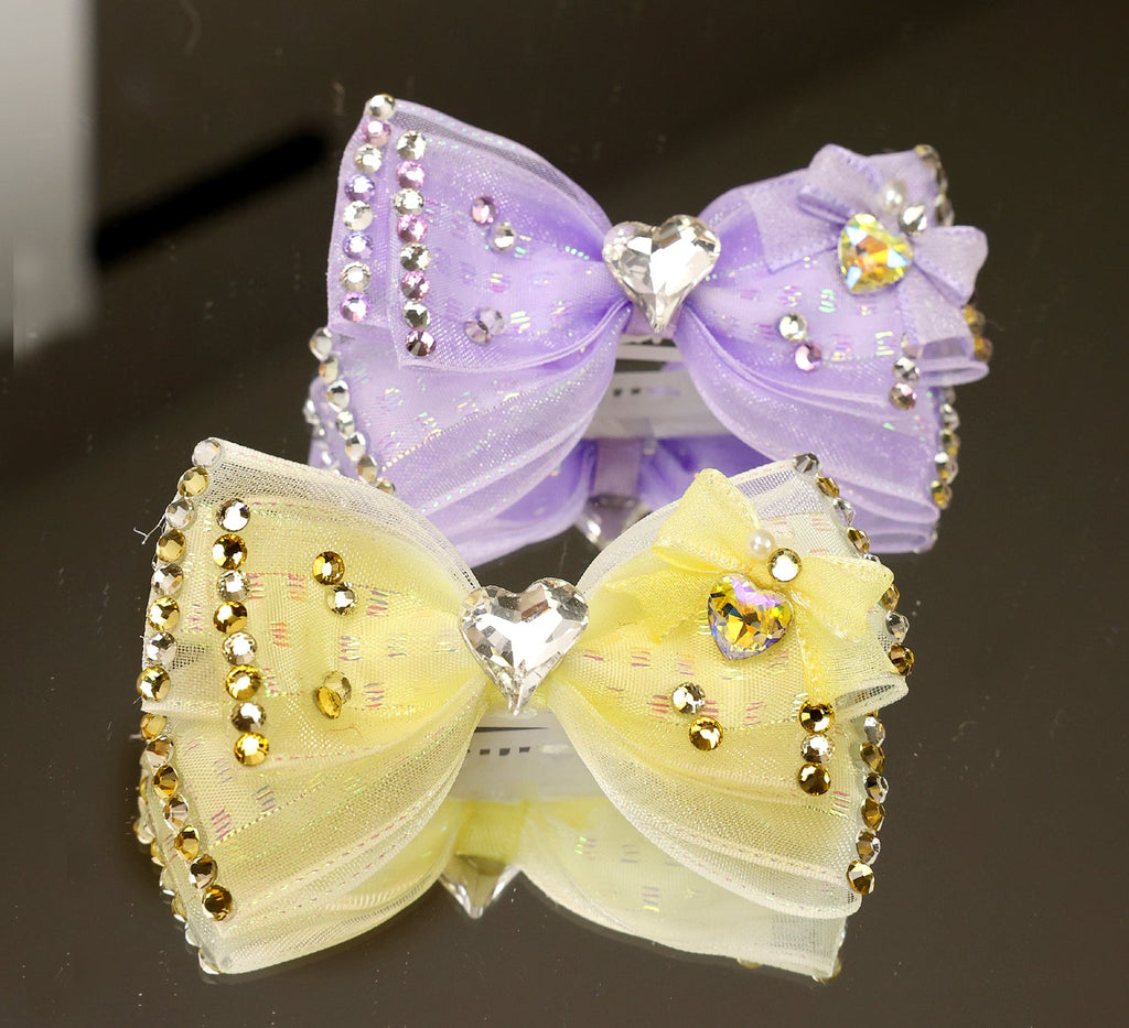 Pet Accessories Rhinestone Heart Tulle Bow Hair Clip headwear