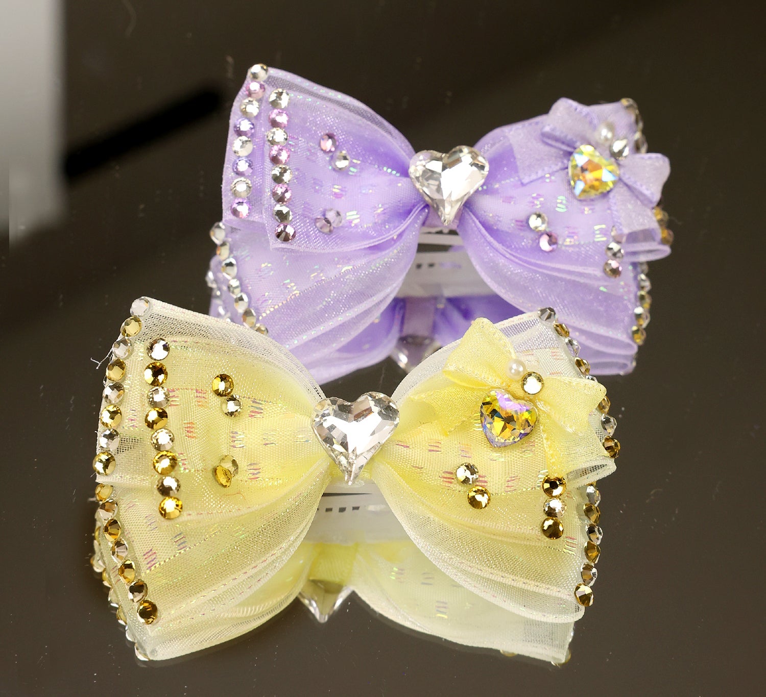 Pet Accessories Rhinestone Heart Tulle Bow Hair Clip headwear