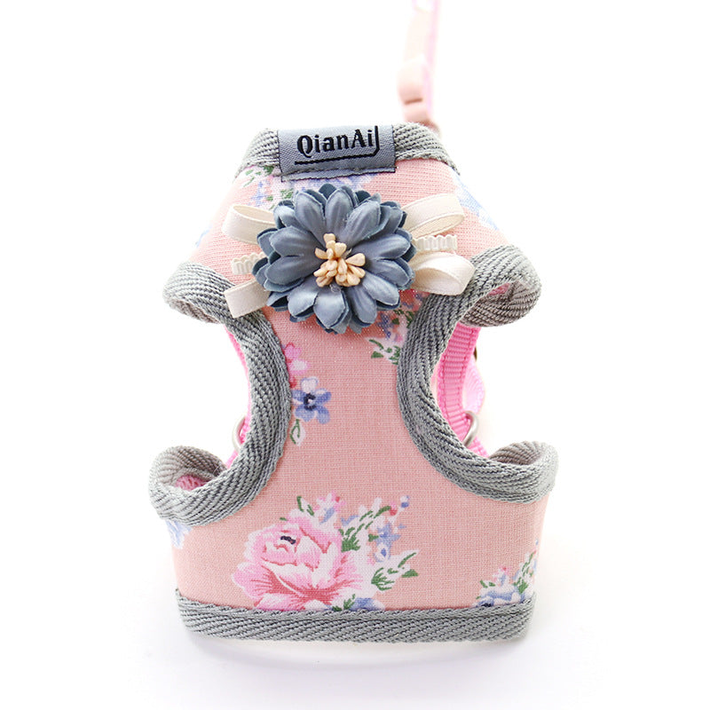Summer Floral Dog Chest Harness – Korean Style | Pink, Grey & Sky Blue | 1cm & 1.5cm
