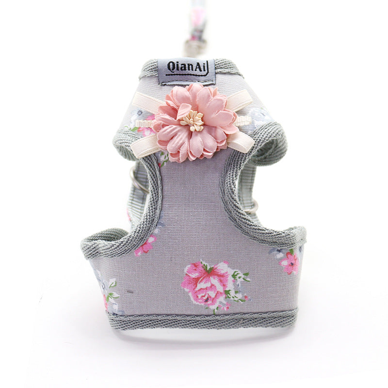 Summer Floral Dog Chest Harness – Korean Style | Pink, Grey & Sky Blue | 1cm & 1.5cm Grey