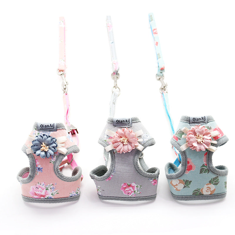 Summer Floral Dog Chest Harness – Korean Style | Pink, Grey & Sky Blue | 1cm & 1.5cm