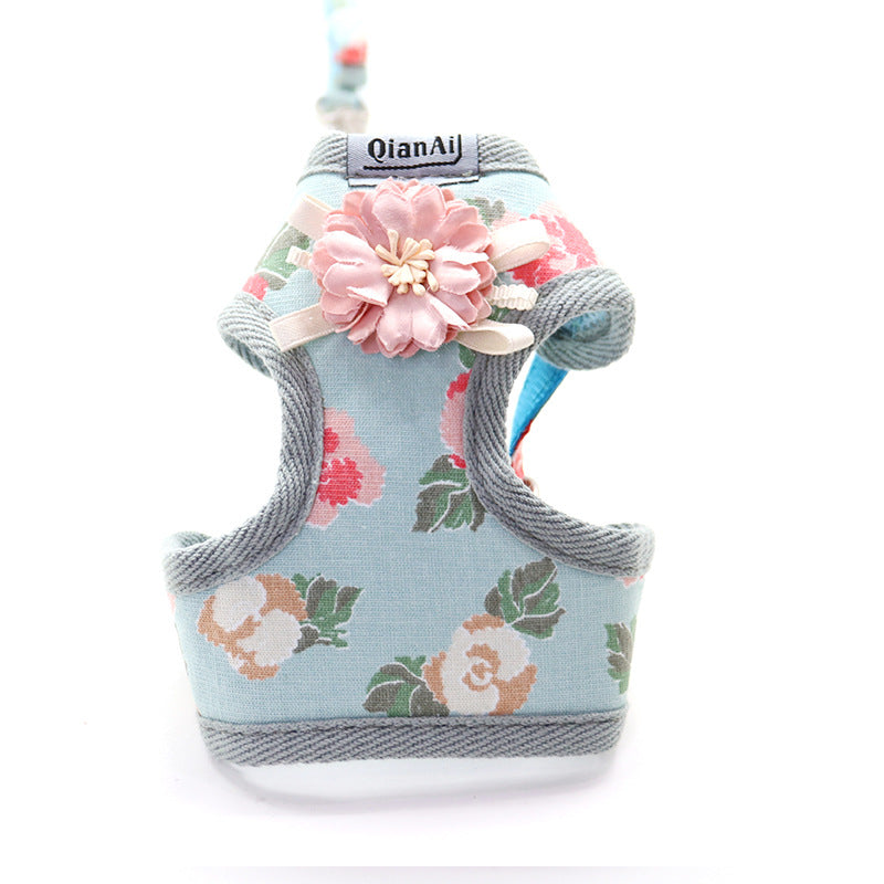Summer Floral Dog Chest Harness – Korean Style | Pink, Grey & Sky Blue | 1cm & 1.5cm