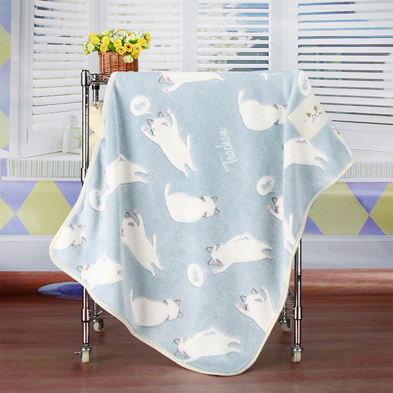Pet Quilt Warm Blanket Coral Fleece Antifreeze Autumn And Winter Pets Blue cat 100x75cm