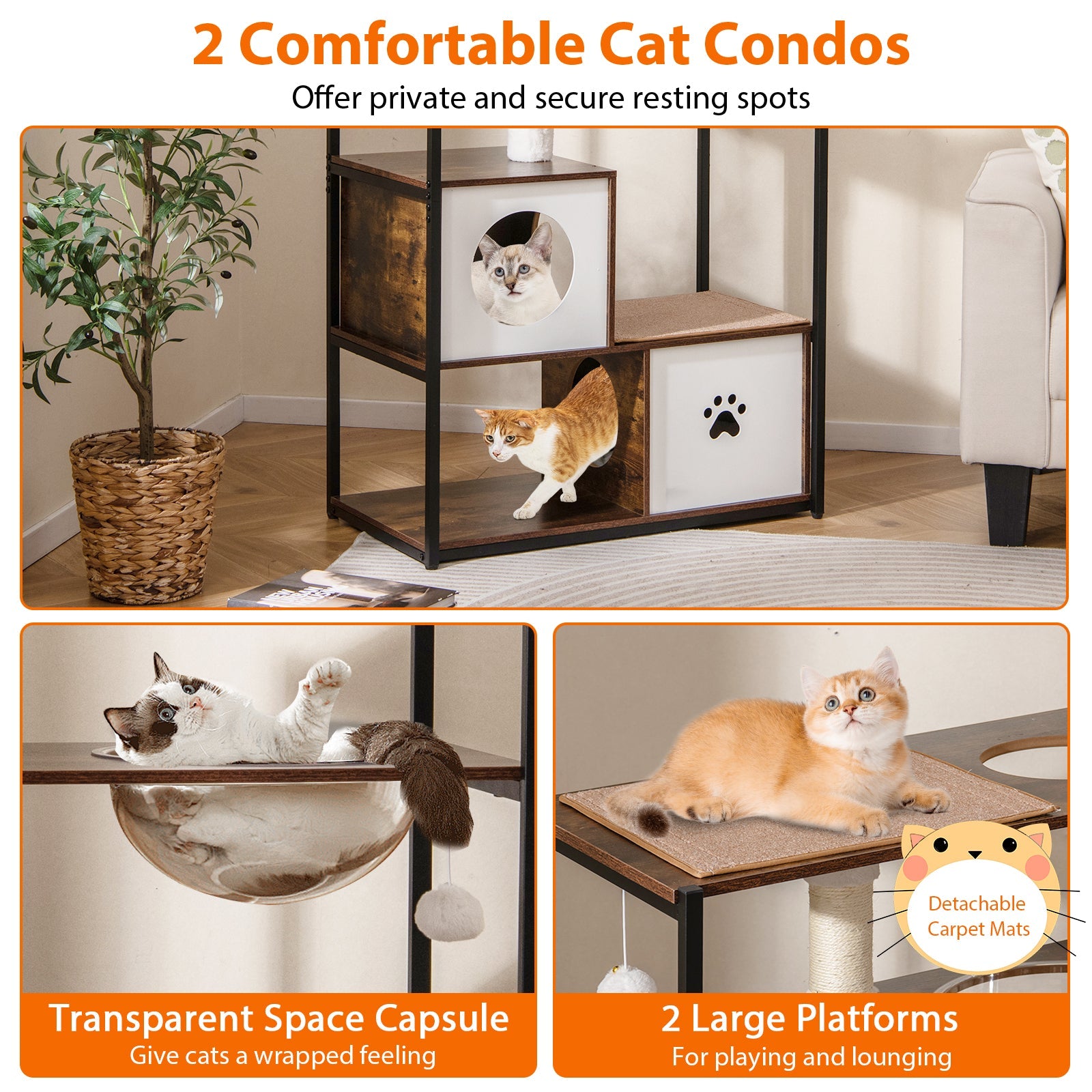 52 Inch Tall Wooden Cat Tree Metal Frame with 2 Condos and Cushions-Coffee