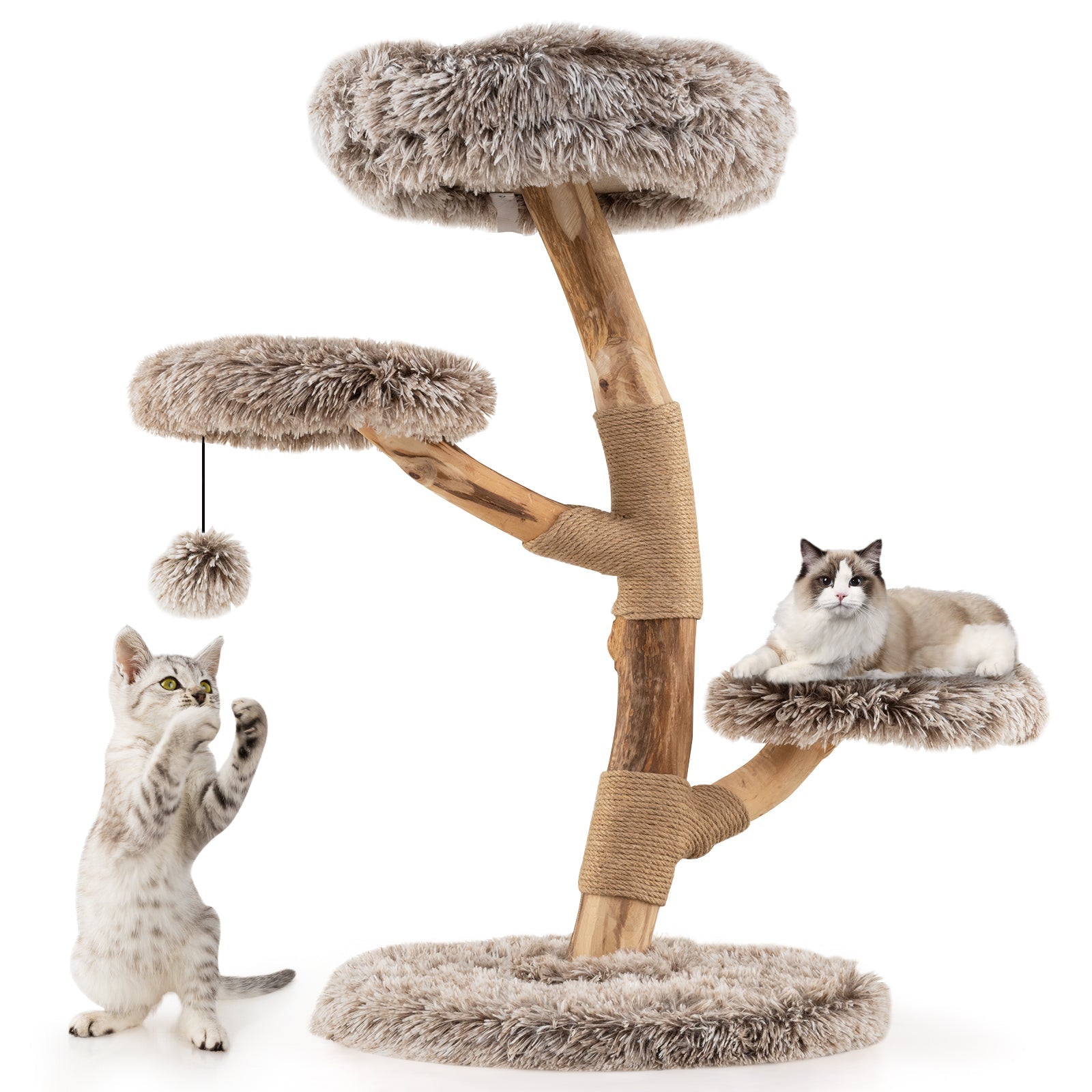 Cat Tree Solid Pear Wood with Perch and Natural Jute Scratching Posts-Brown Brown