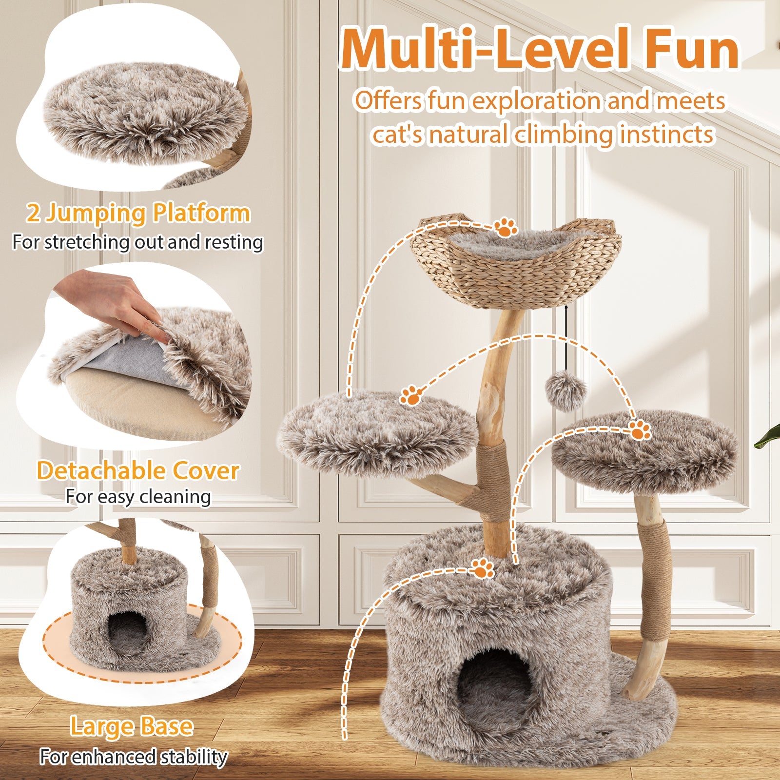 Wood Cat Tree Solid Pear Cat Tree with Perch and Sisal Scratching Posts-Brown