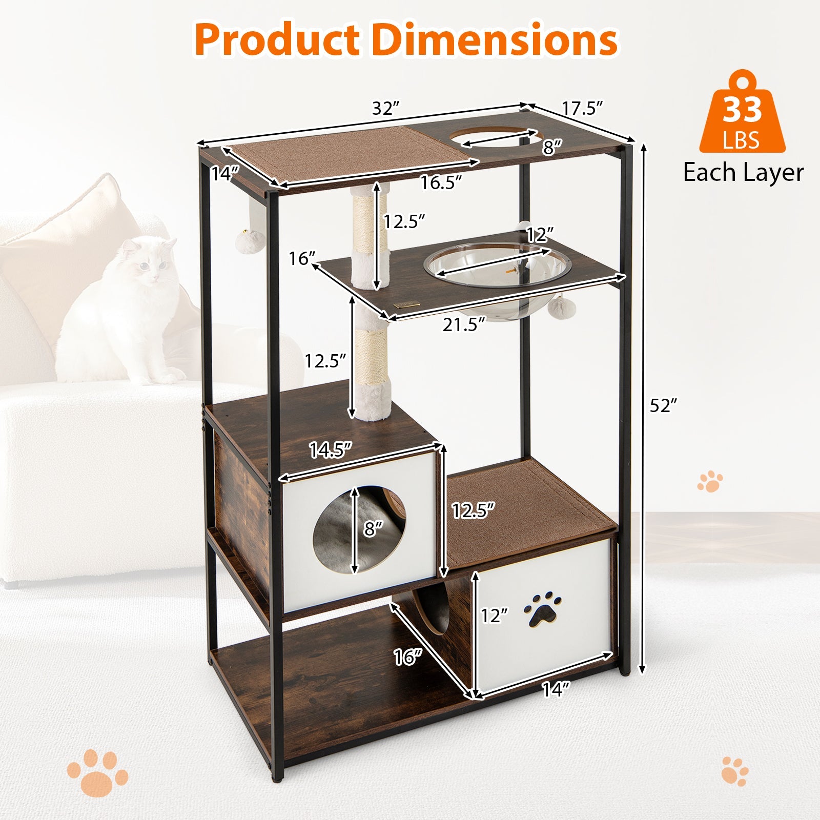 52 Inch Tall Wooden Cat Tree Metal Frame with 2 Condos and Cushions-Coffee