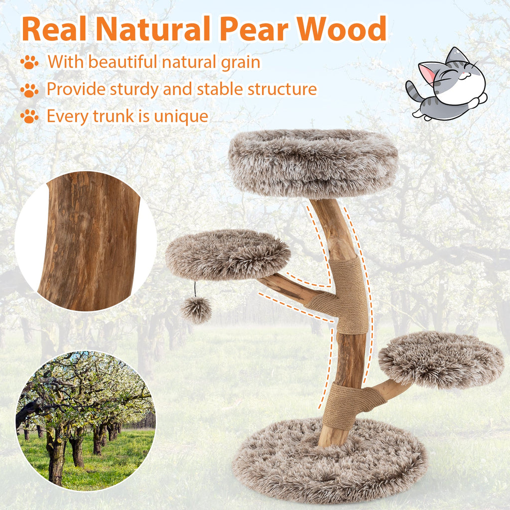 Cat Tree Solid Pear Wood with Perch and Natural Jute Scratching Posts-Brown