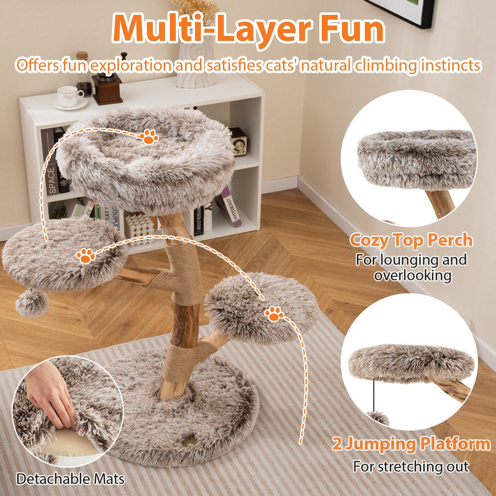 Cat Tree Solid Pear Wood with Perch and Natural Jute Scratching Posts-Brown