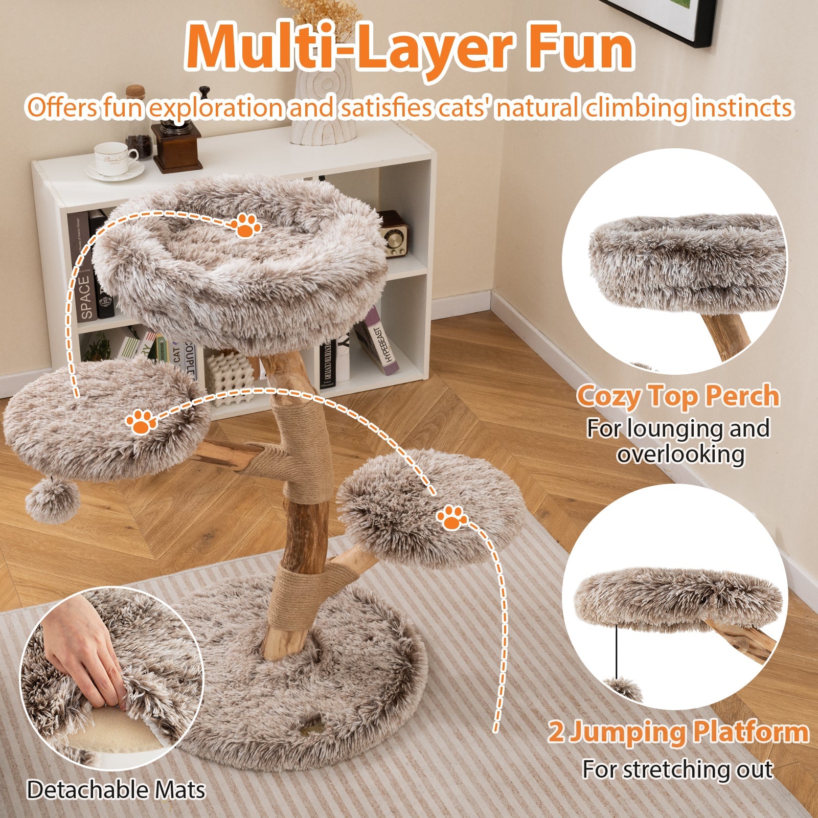Cat Tree Solid Pear Wood with Perch and Natural Jute Scratching Posts-Brown