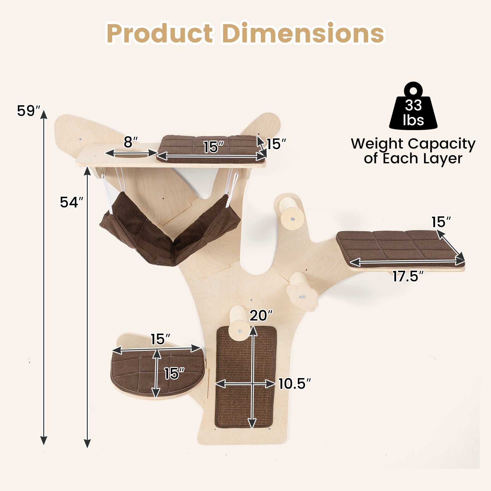 Wall-Mounted Cat Tower Cat Wall Shelves Furniture with Perch-Brown