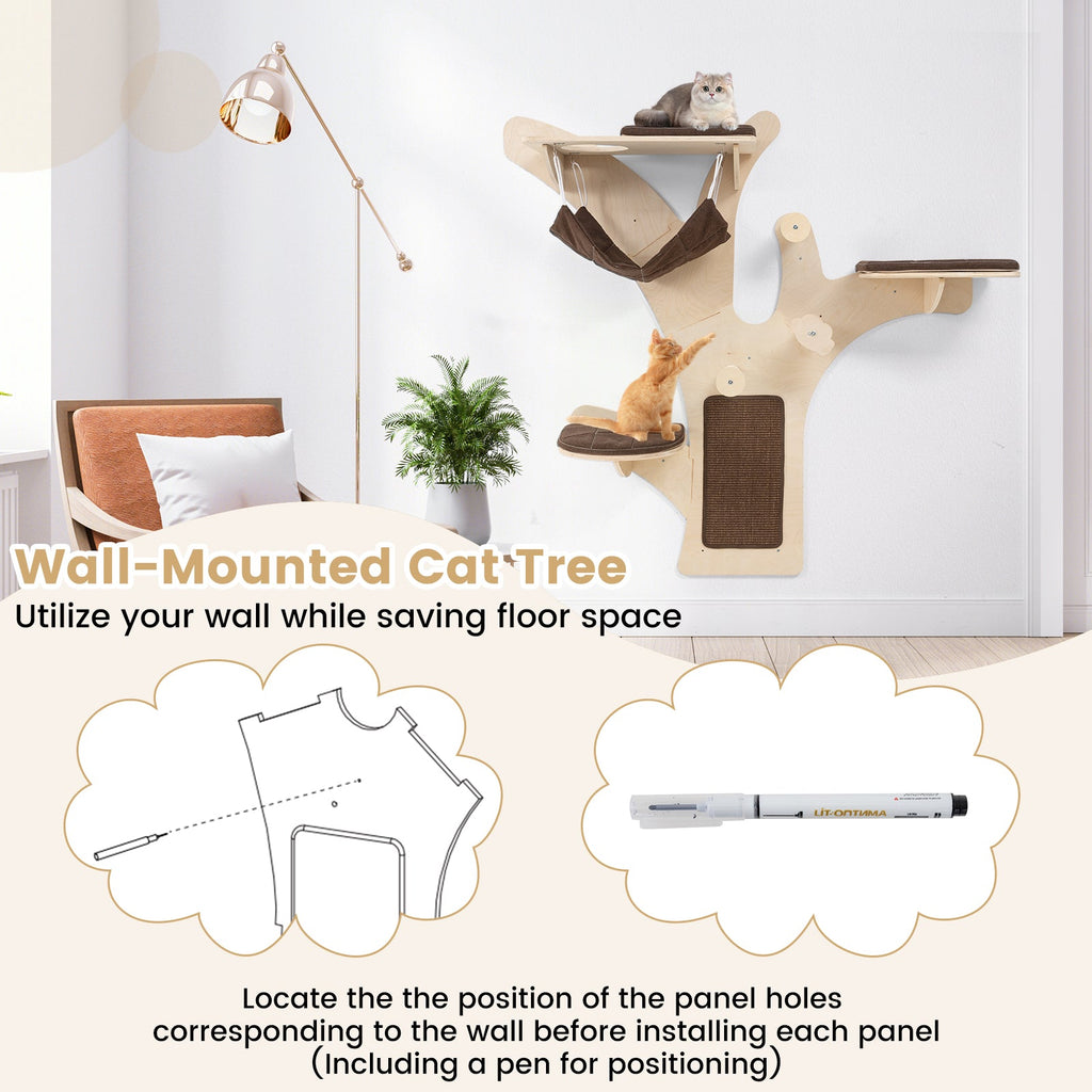Wall-Mounted Cat Tower Cat Wall Shelves Furniture with Perch-Brown