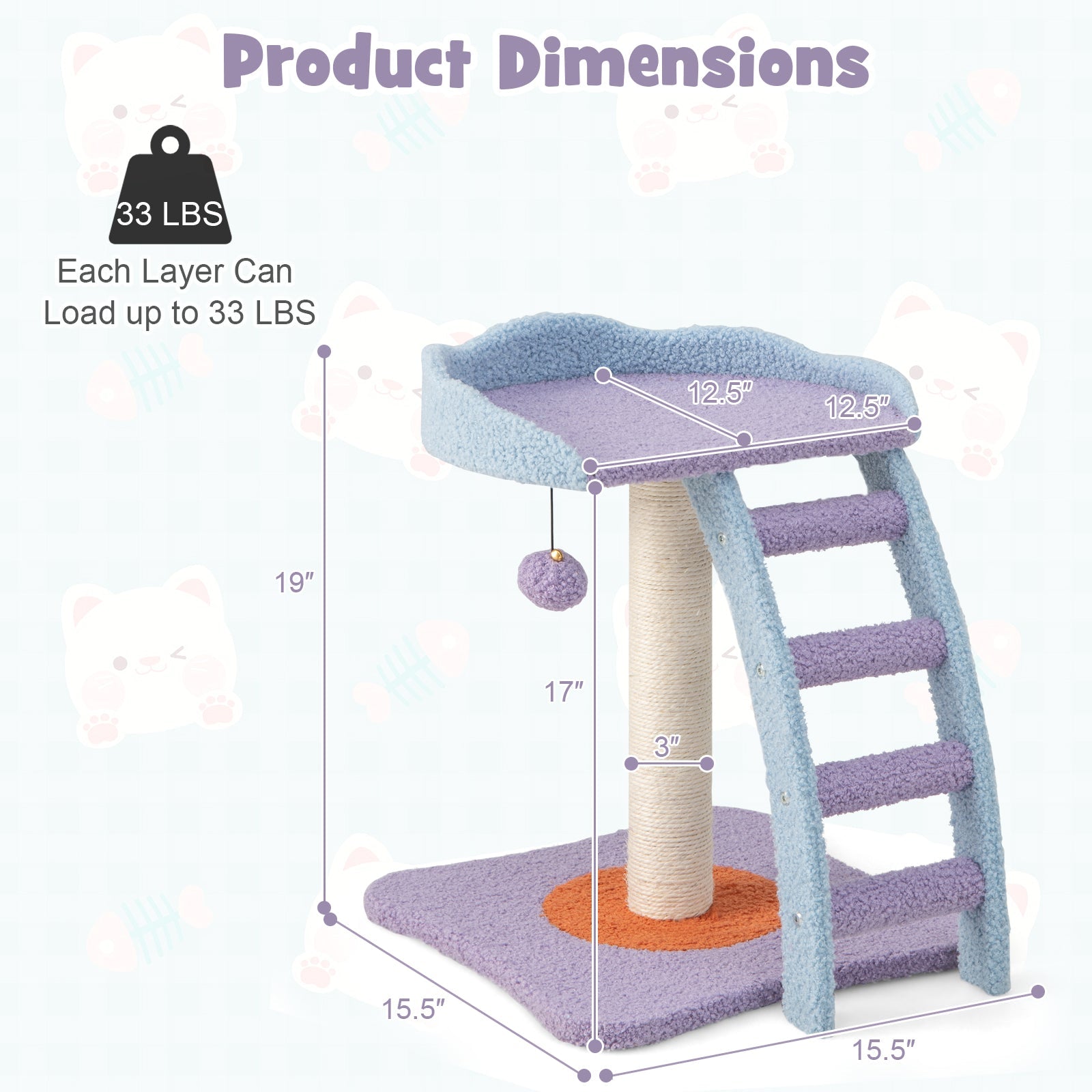 19 Inch Mohair Plush Cat Tree with Ladder and Jingling Ball-Purple