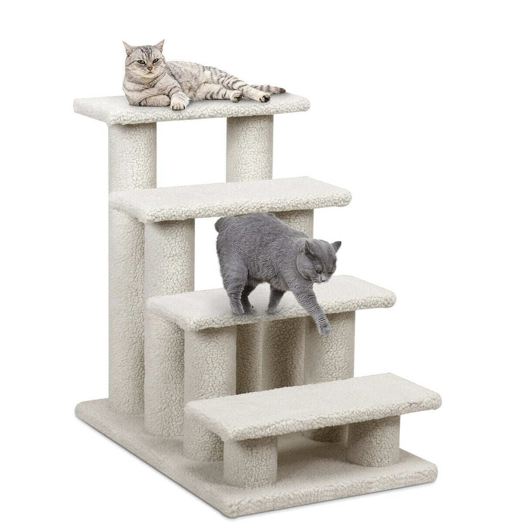 24 Inch 4-Step Pet Stairs Carpeted Ladder Ramp Scratching Post Cat Tree Climber Beige